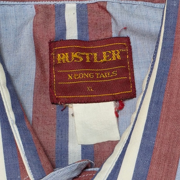 Rustler Mens XL Vintage Western Pearl Snap Shirt Short Sleeve Striped Blue Red - Picture 3 of 5